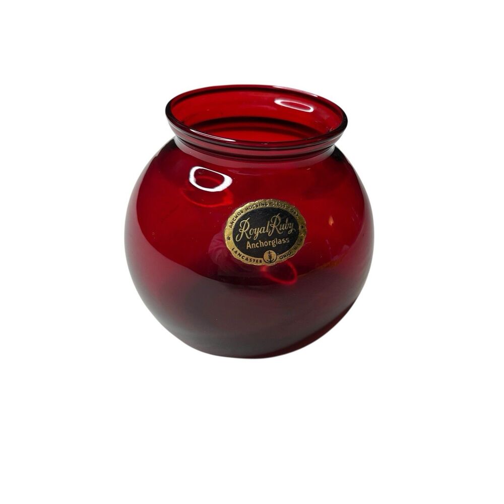 Vintage Anchor Hocking Glass Royal Ruby Red BALL VASE w/ Orig. Label 4 in H